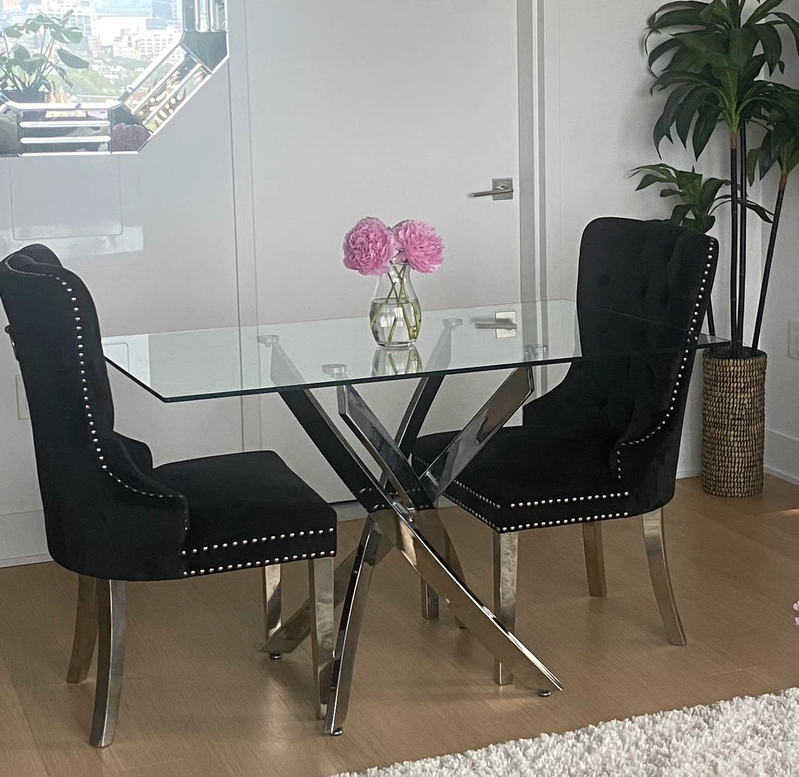 Glass Dining Table and four Black Velvet Chairs