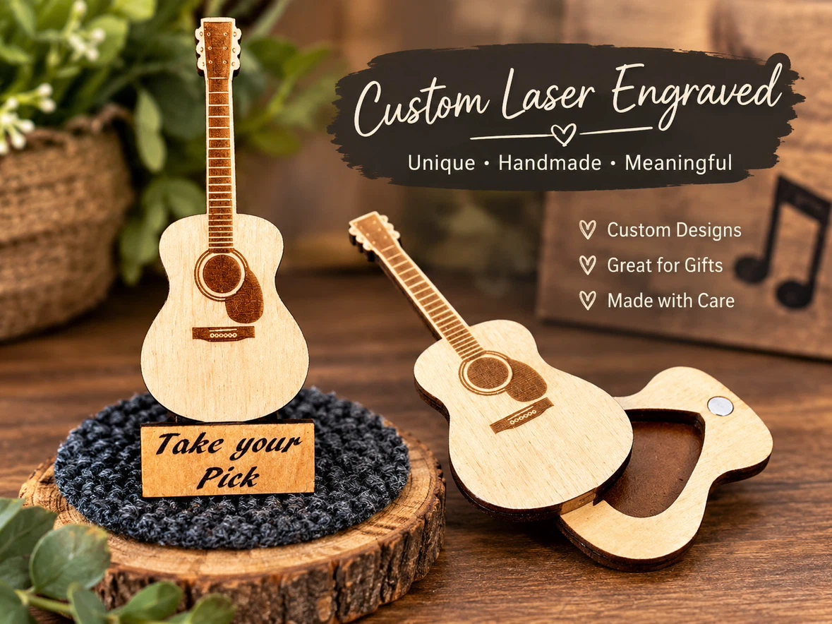 Custom Laser Engraved Guitar wooden Pick Holder