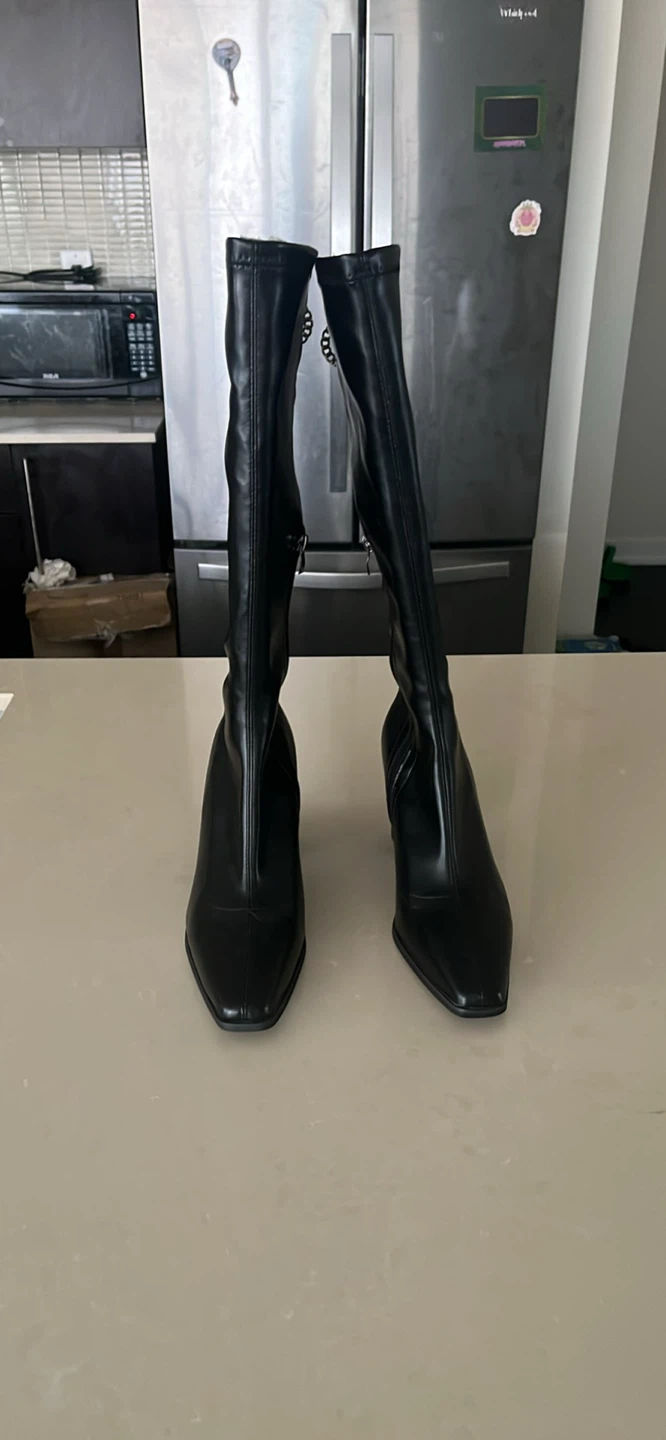 Black Knee-High Boots with Gold Chain Detail