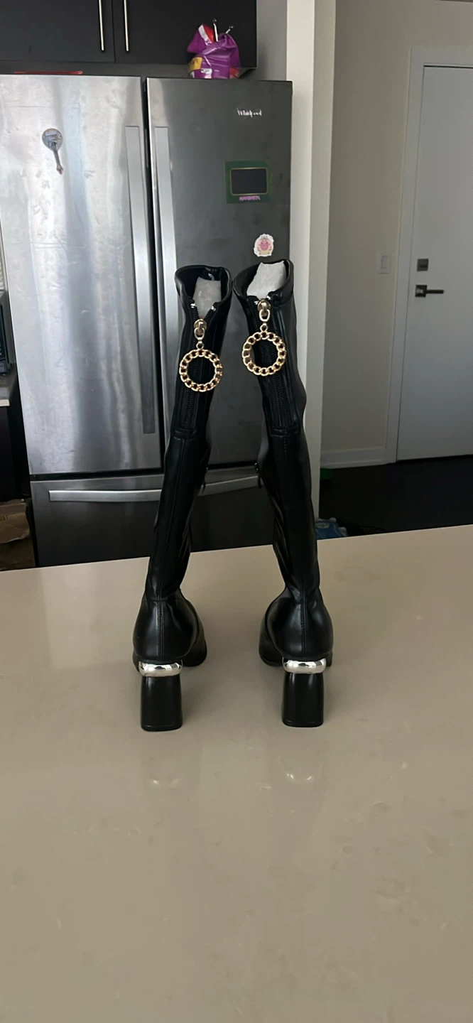 Black Knee-High Boots with Gold Chain Detail - photo 2
