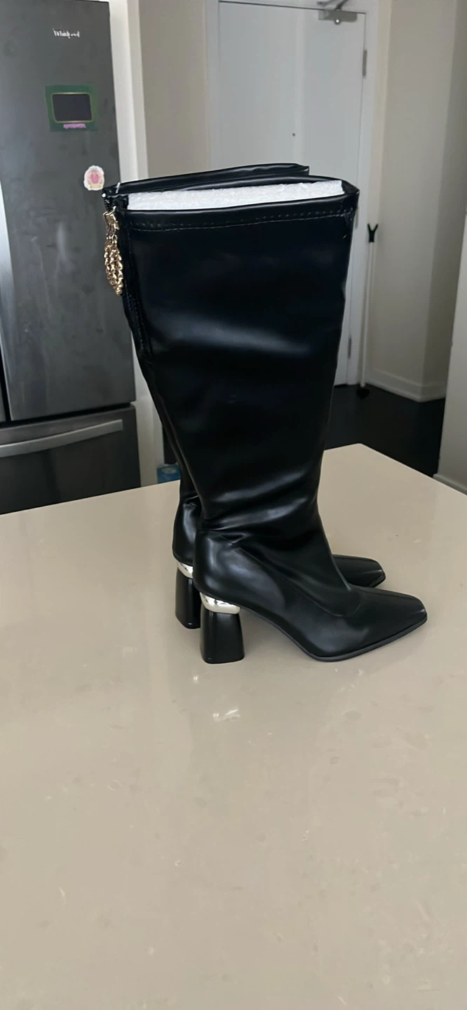 Black Knee-High Boots with Gold Chain Detail - photo 3