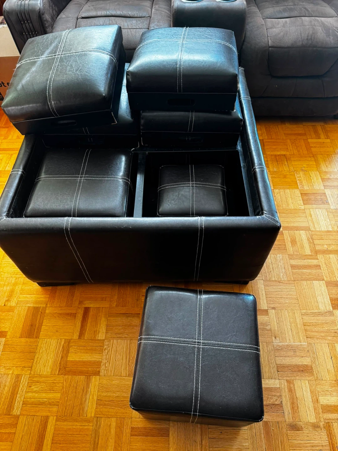 Dark Brown Leather Ottoman with 4 Removable Seats
