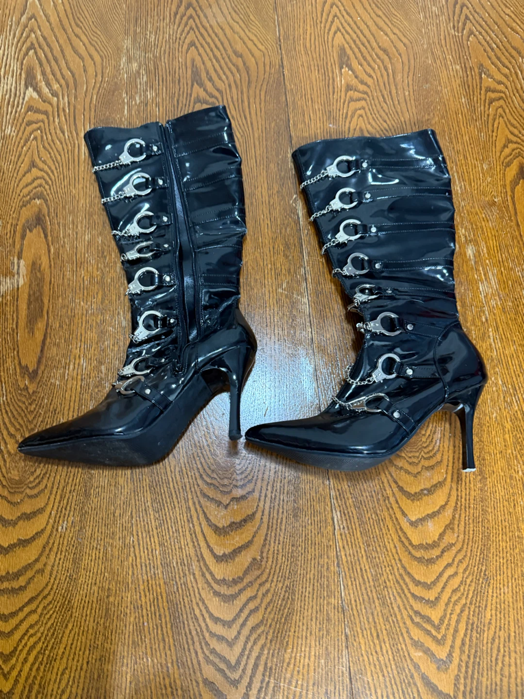Black Patent Knee-High Boots with Handcuff Detail