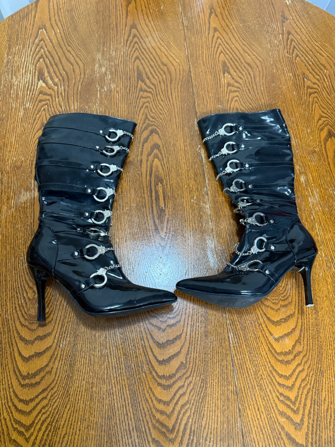 Black Patent Knee-High Boots with Handcuff Detail - photo 2