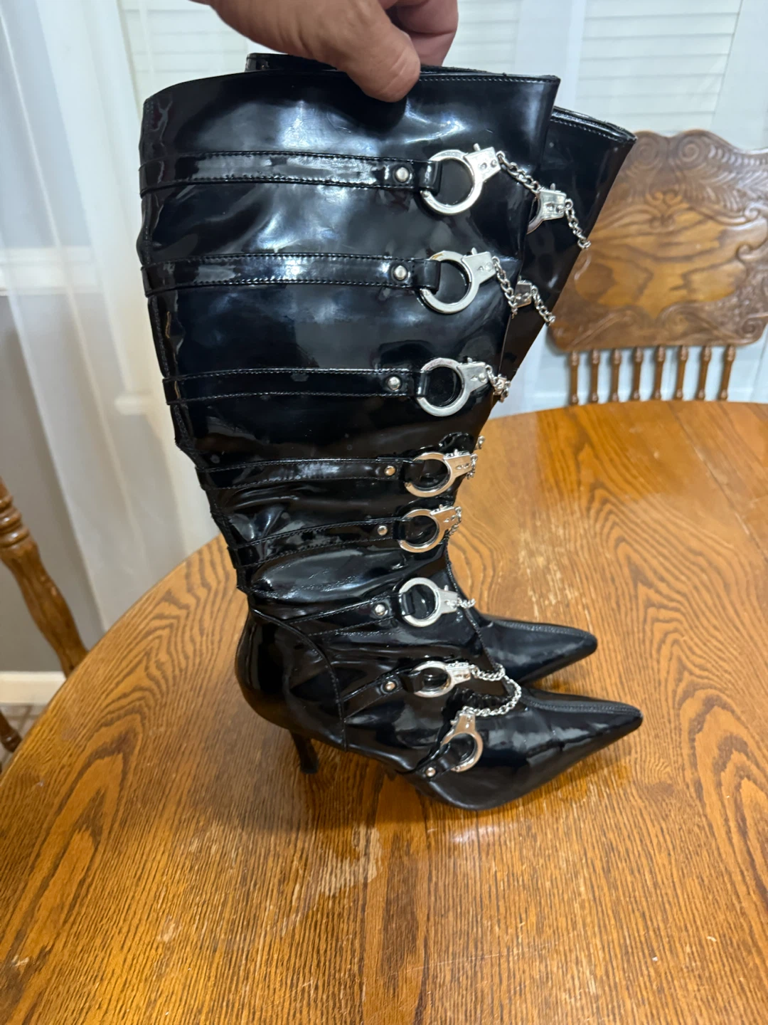 Black Patent Knee-High Boots with Handcuff Detail - photo 5