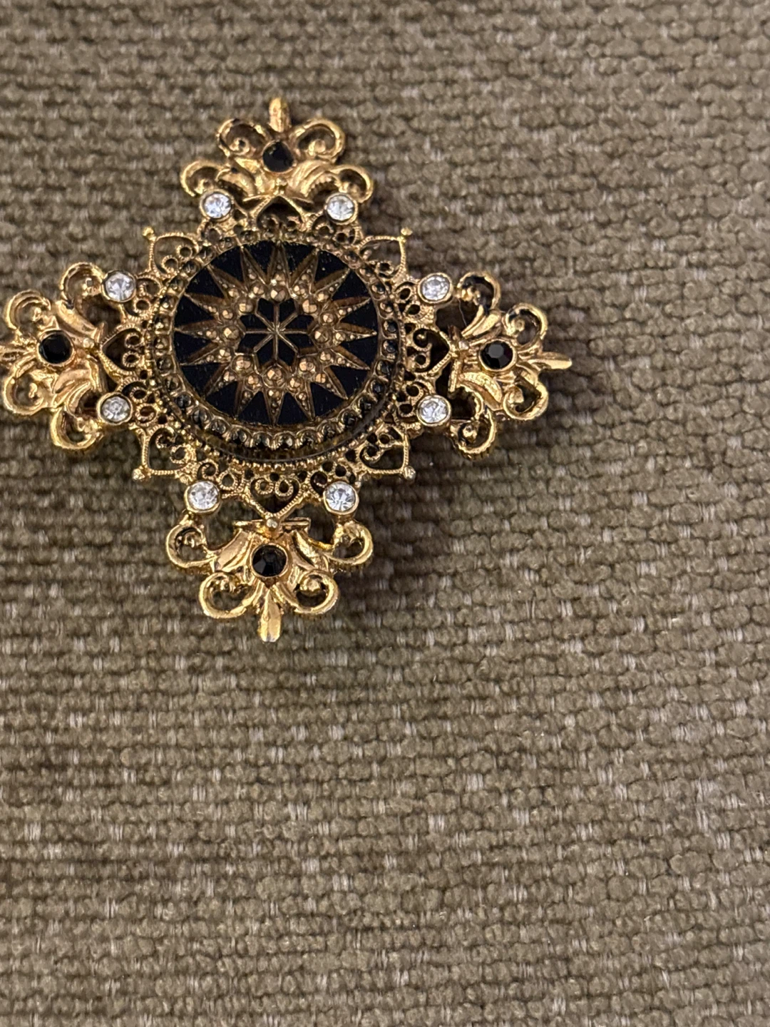 Vintage Gold Tone Filigree Brooch with Black and Clear Stones