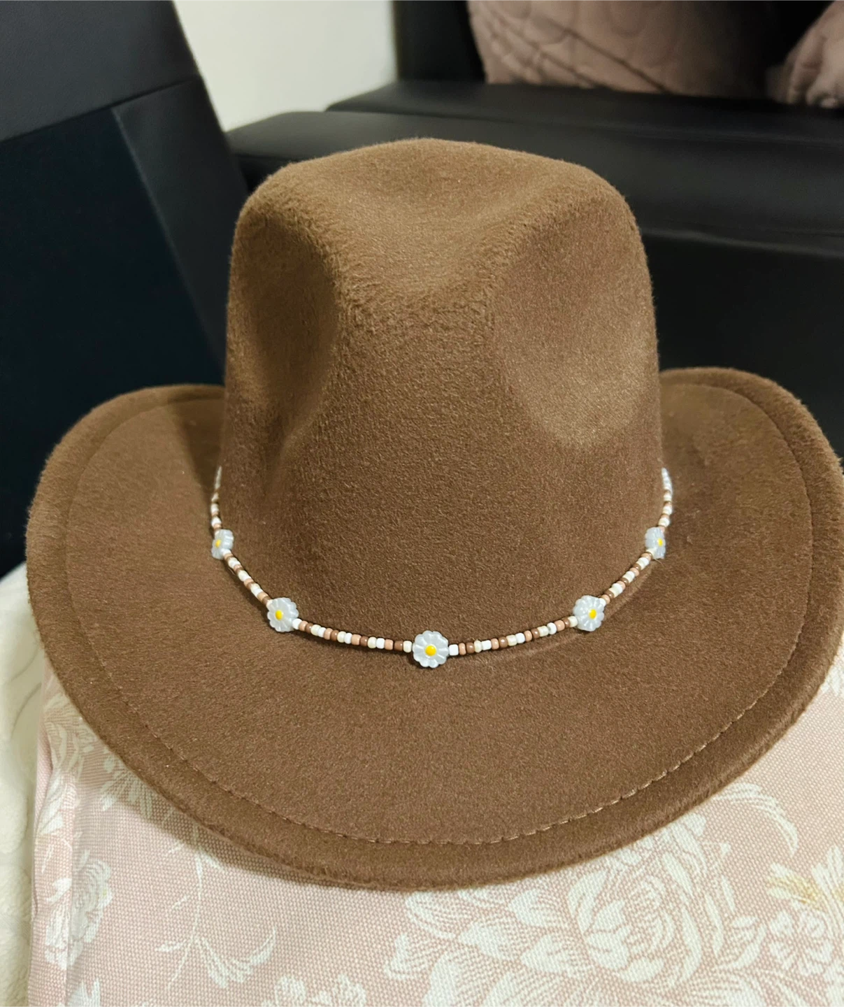 Brown Fedora Hat with Daisy Bead Detail