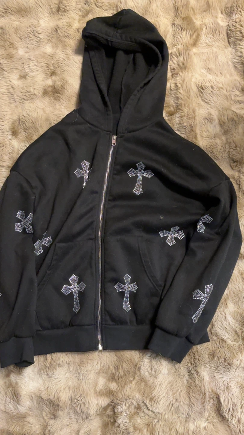Black Rhinestone Cross Zip-Up Hoodie