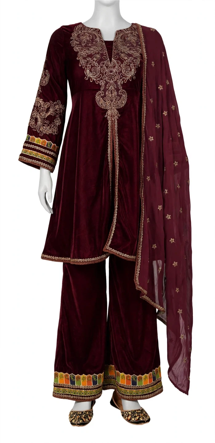 Maroon Velvet Embroidered Salwar Suit