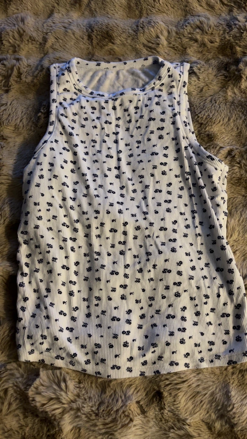 White Floral Ribbed Tank Top