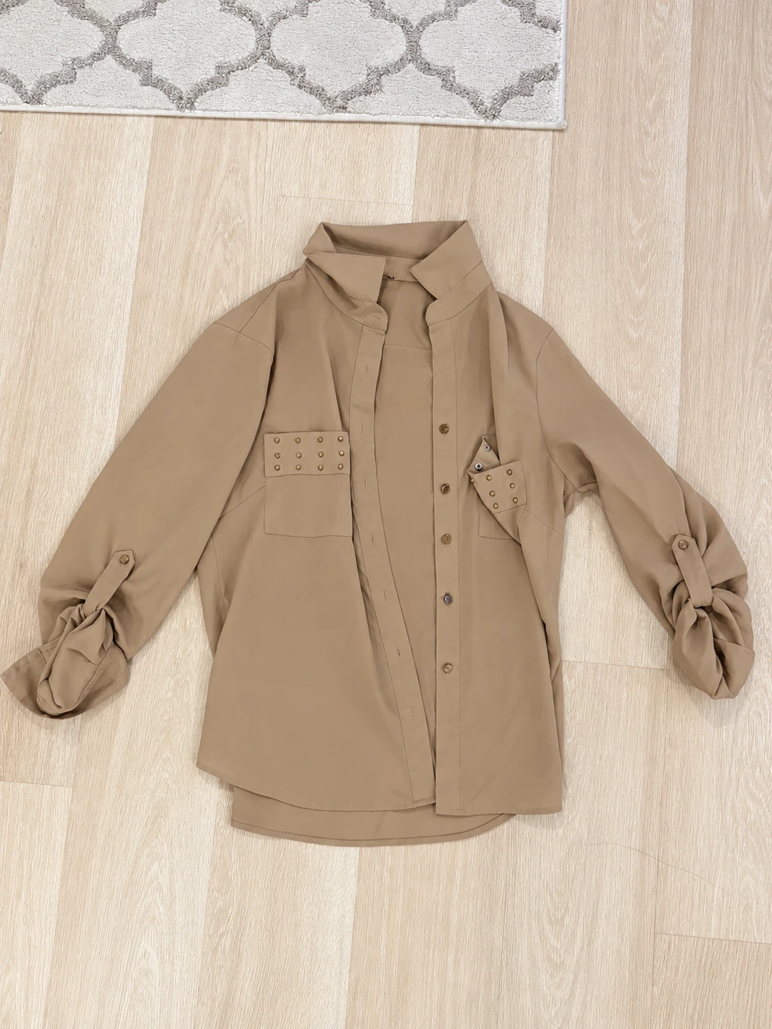 Bebe Tan Studded Long Sleeve Blouse