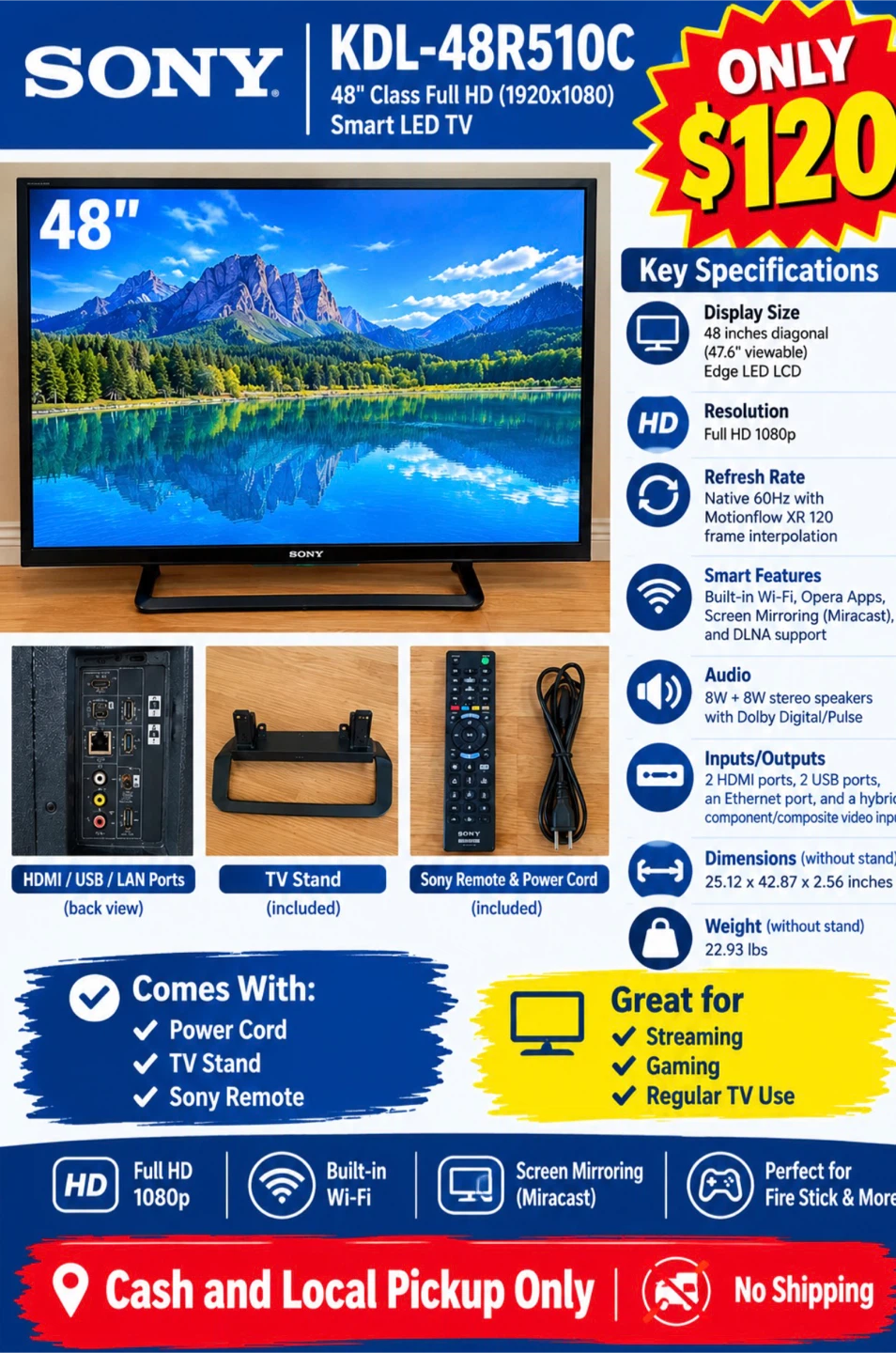 Sony 48-inch Smart LED TV KDL-48R510C