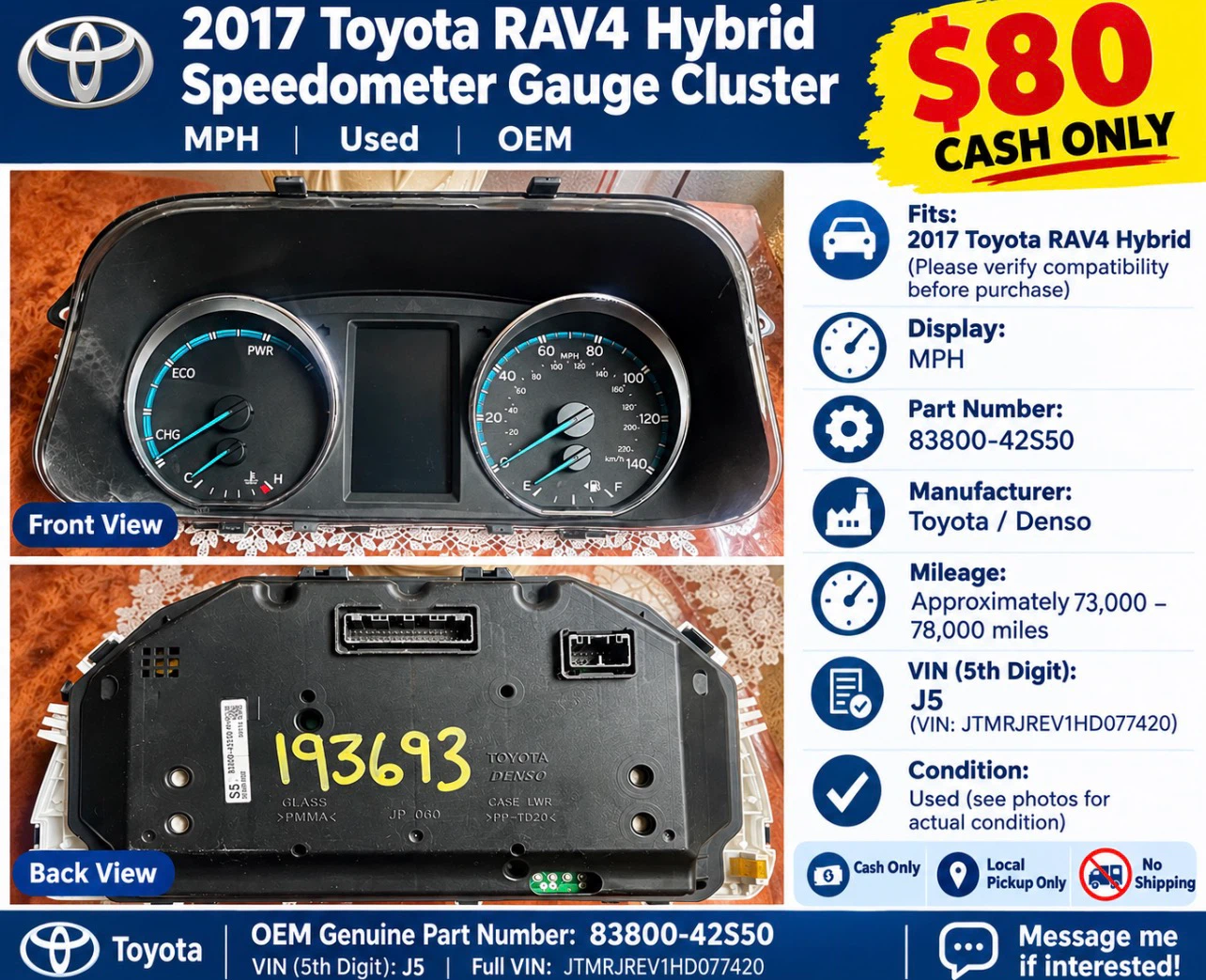 2017 Toyota RAV4 Hybrid Speedometer Gauge Cluster