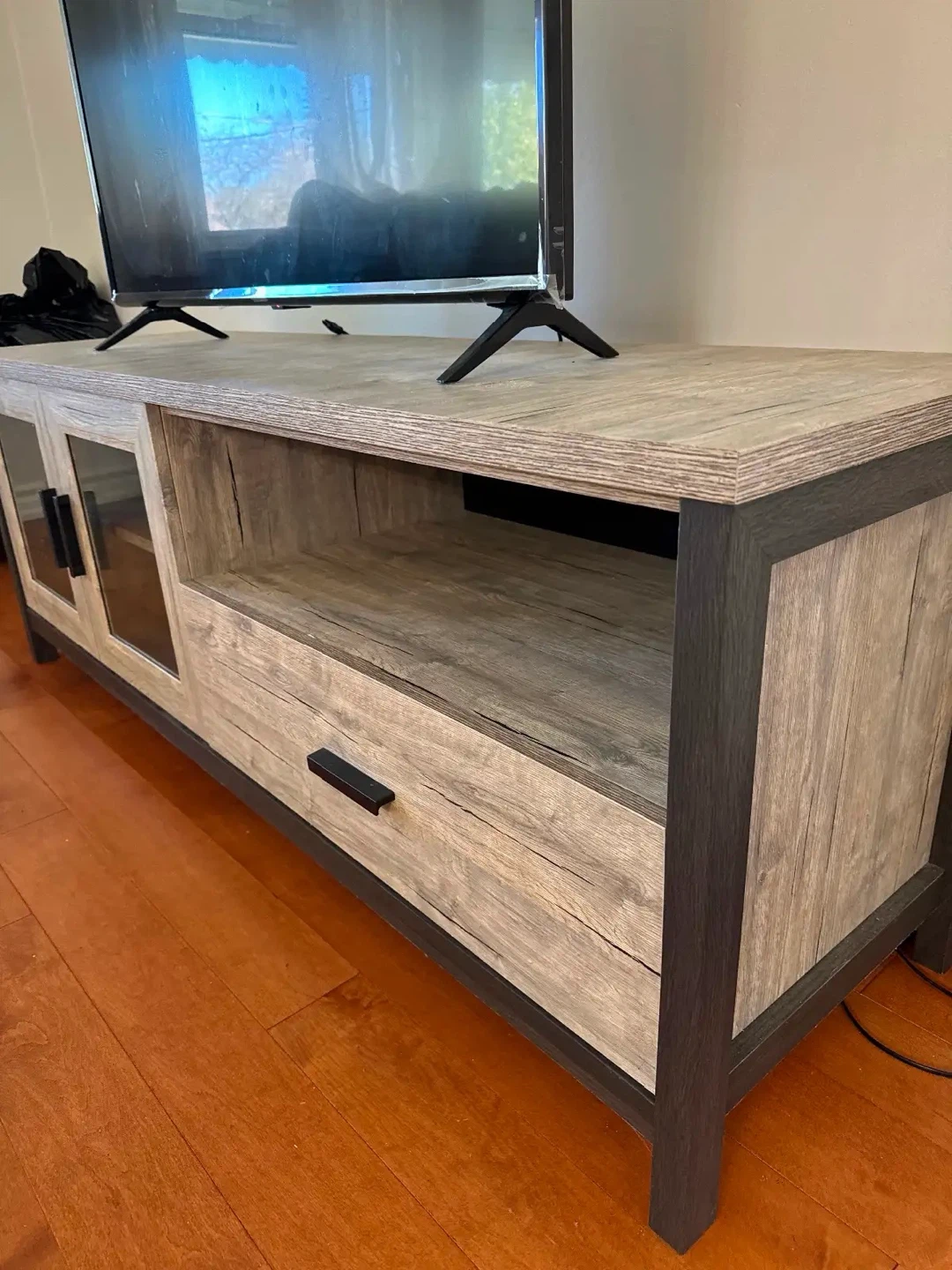 Rustic grey wood TV stand with glass doors - photo 5