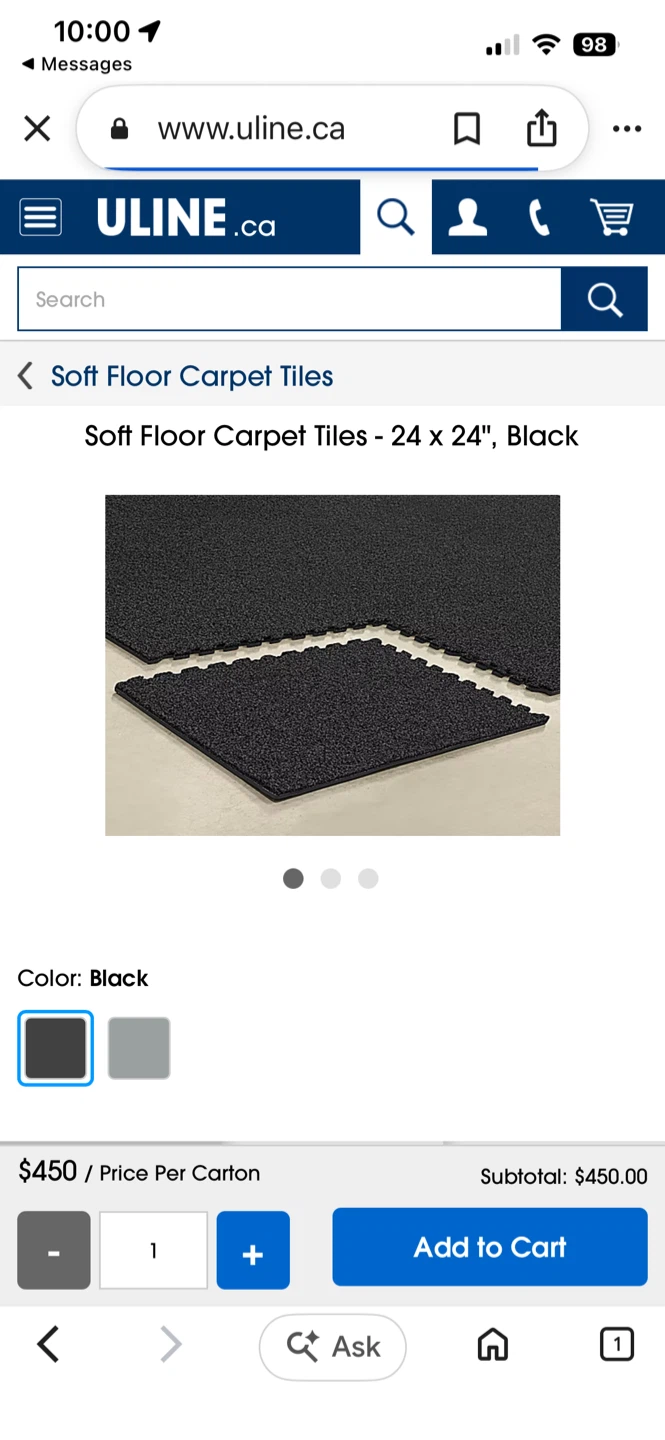 Uline Soft Floor Carpet Tiles - 24 x 24, Black