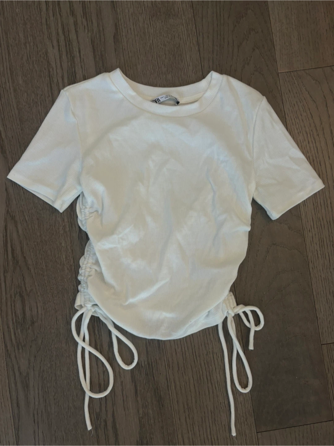 ZARA White Ribbed Ruched T-Shirt