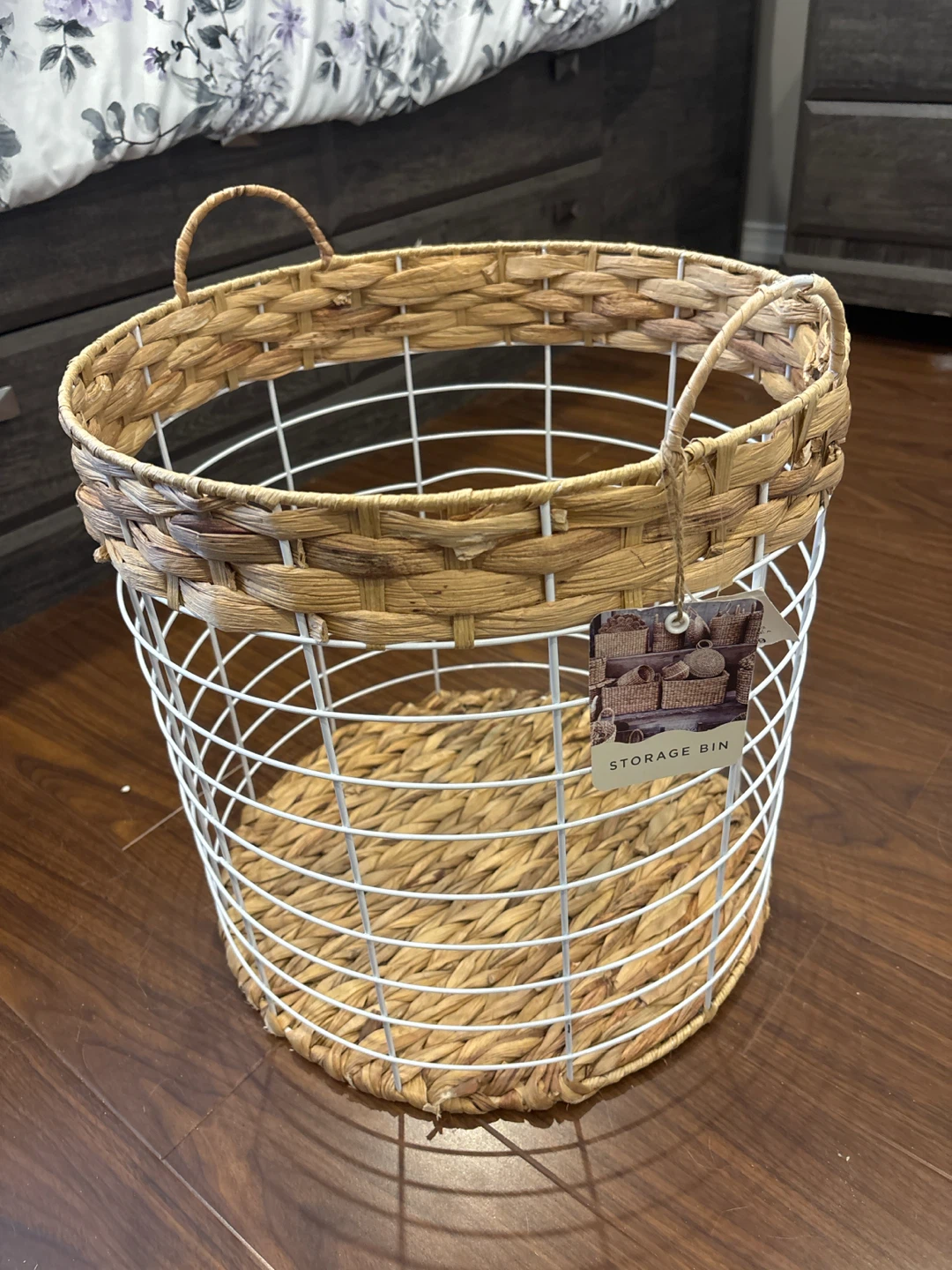 Woven Seagrass and White Wire Storage Basket