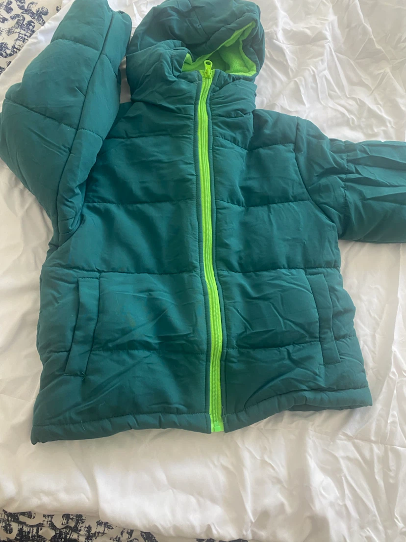 Children's puffer jacket, teal/lime green