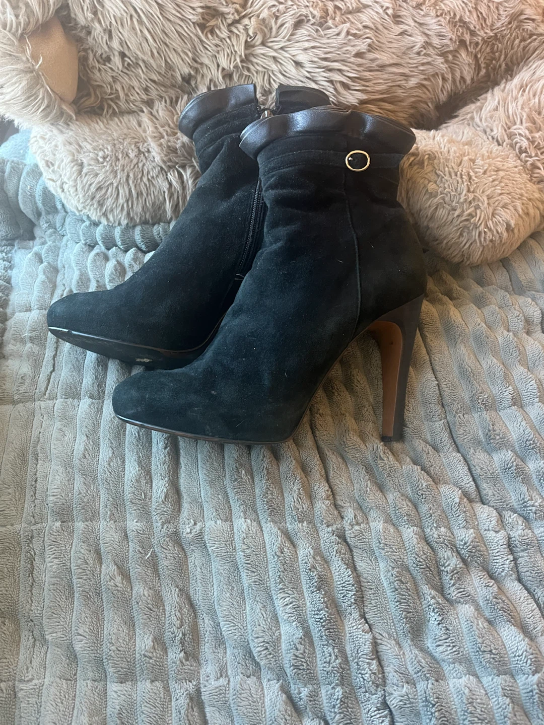 Black suede high heel ankle boots