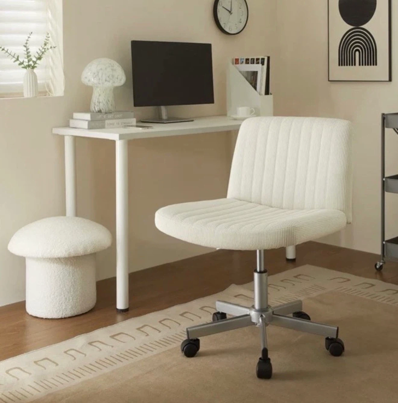 White Corduroy Swivel Office Chair - photo 2