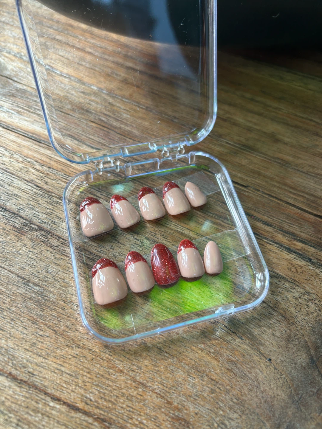 Handmade Press-on Nails Nude Red Glitter Set - photo 2