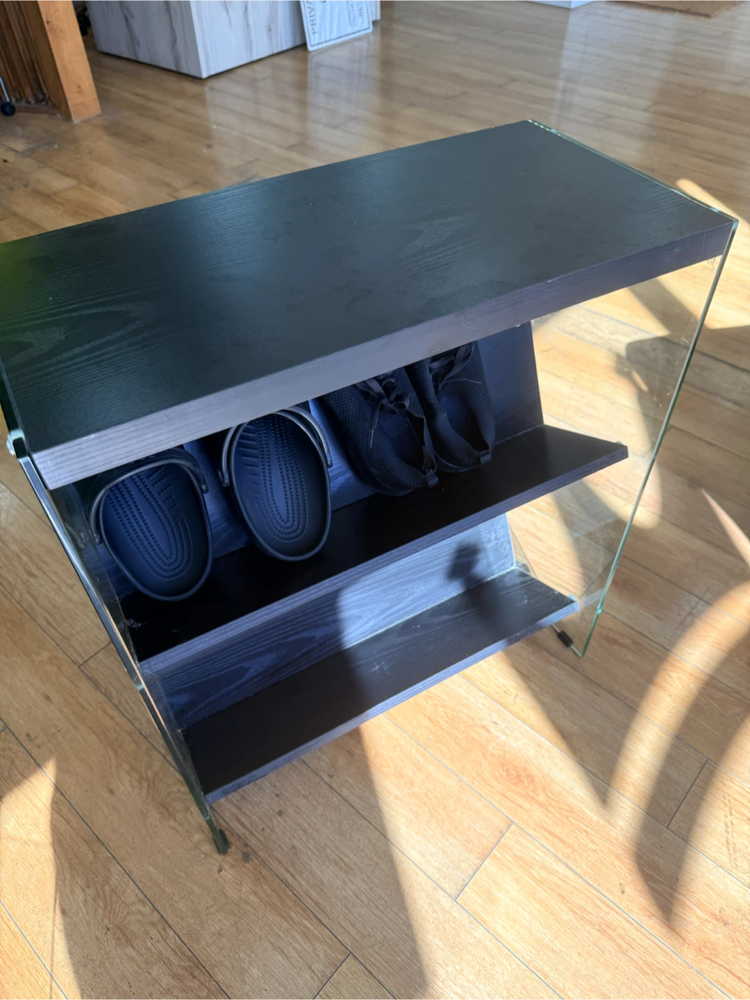 Modern Glass and Wood Shoe Rack