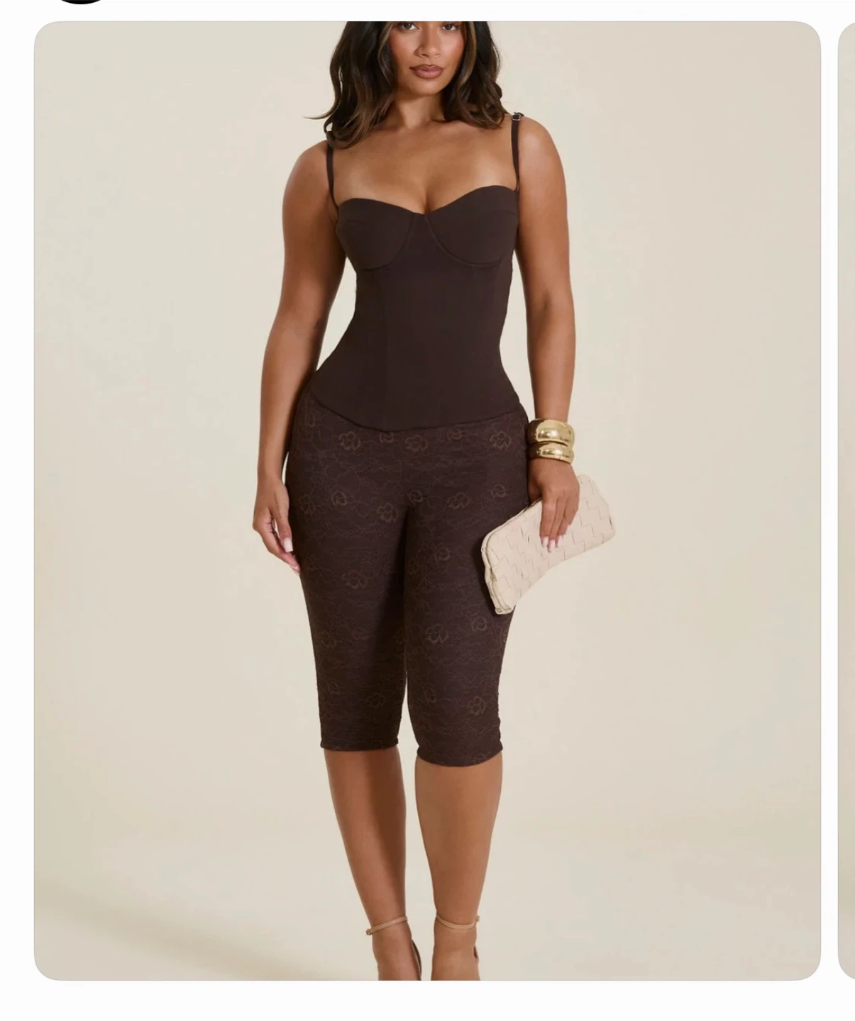 The Everly Lace Up Corset Top in Brown and lace capri tights - photo 2
