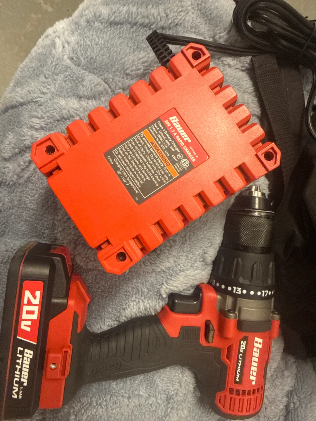 Bauer 20V Cordless Drill with Battery, Charger, and Bag