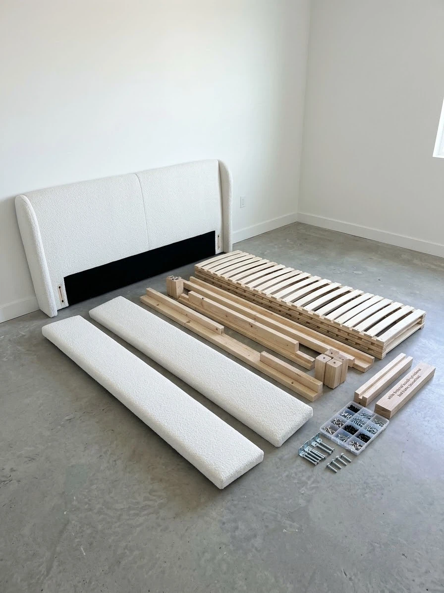 White Bouclé Upholstered Bed Frame