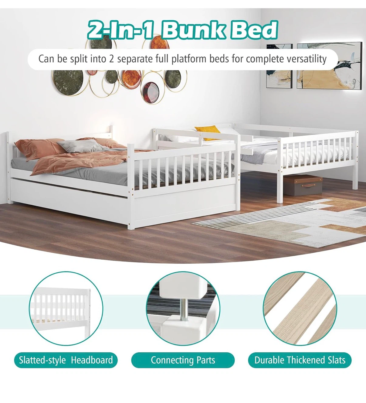 White Wood Bunk Bed with Trundle - photo 3