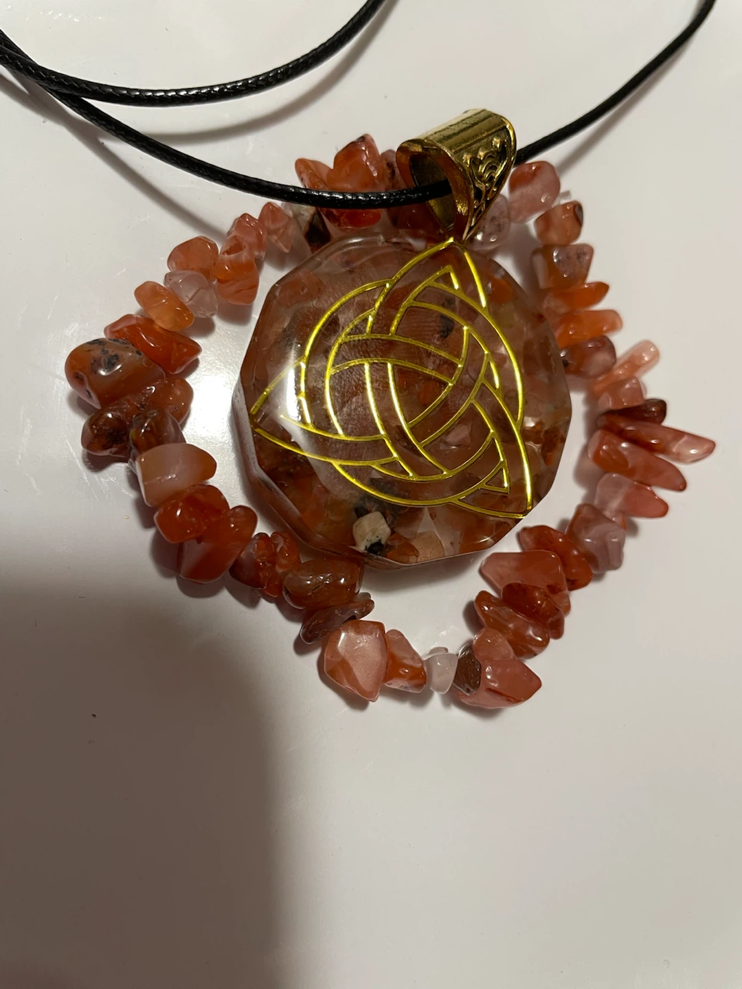 Carnelian Natural Stone Celtic Pendant & Chip Bracelet