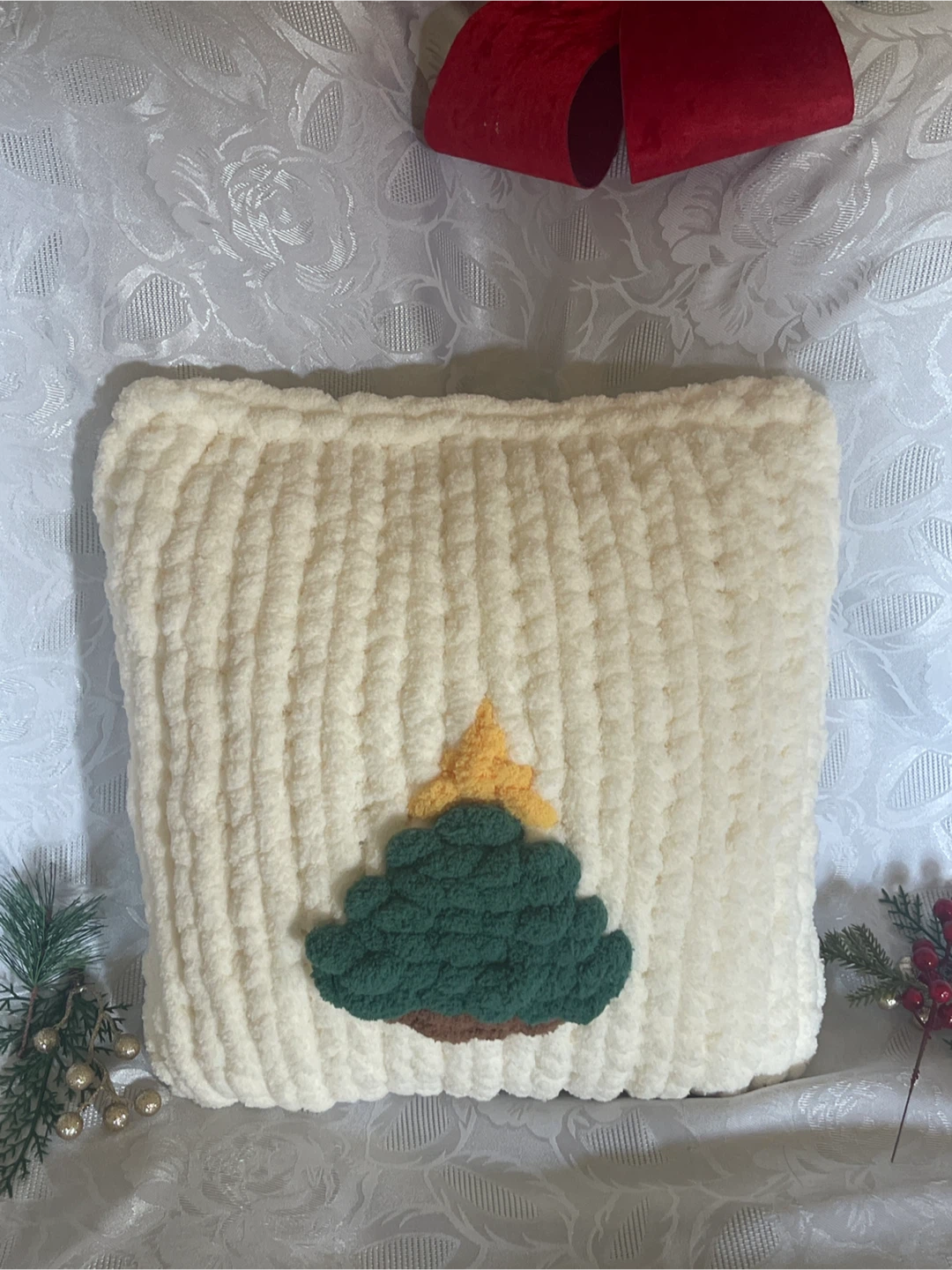 Hand-knit Christmas Tree Pillow