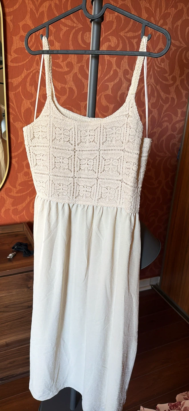Suzy Shier Cream Crochet Detail Dress