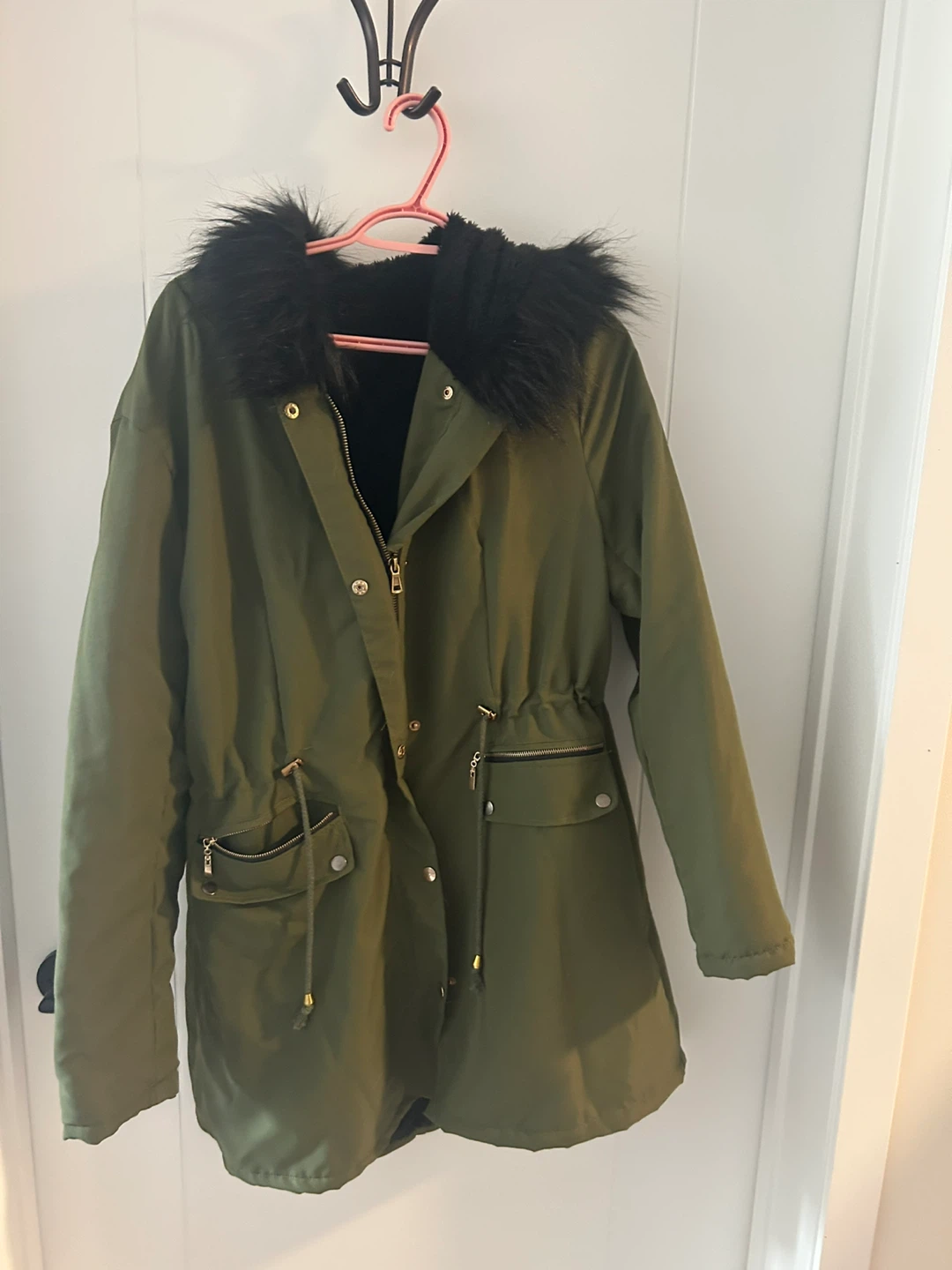 Olive Green Parka with Faux Fur Hood