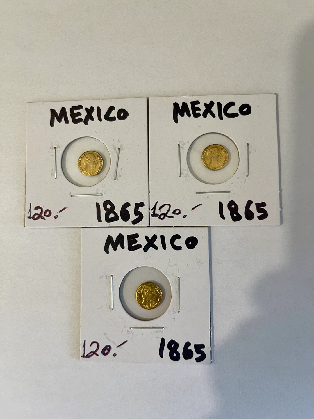 3 Mexican 1865 Gold Coins