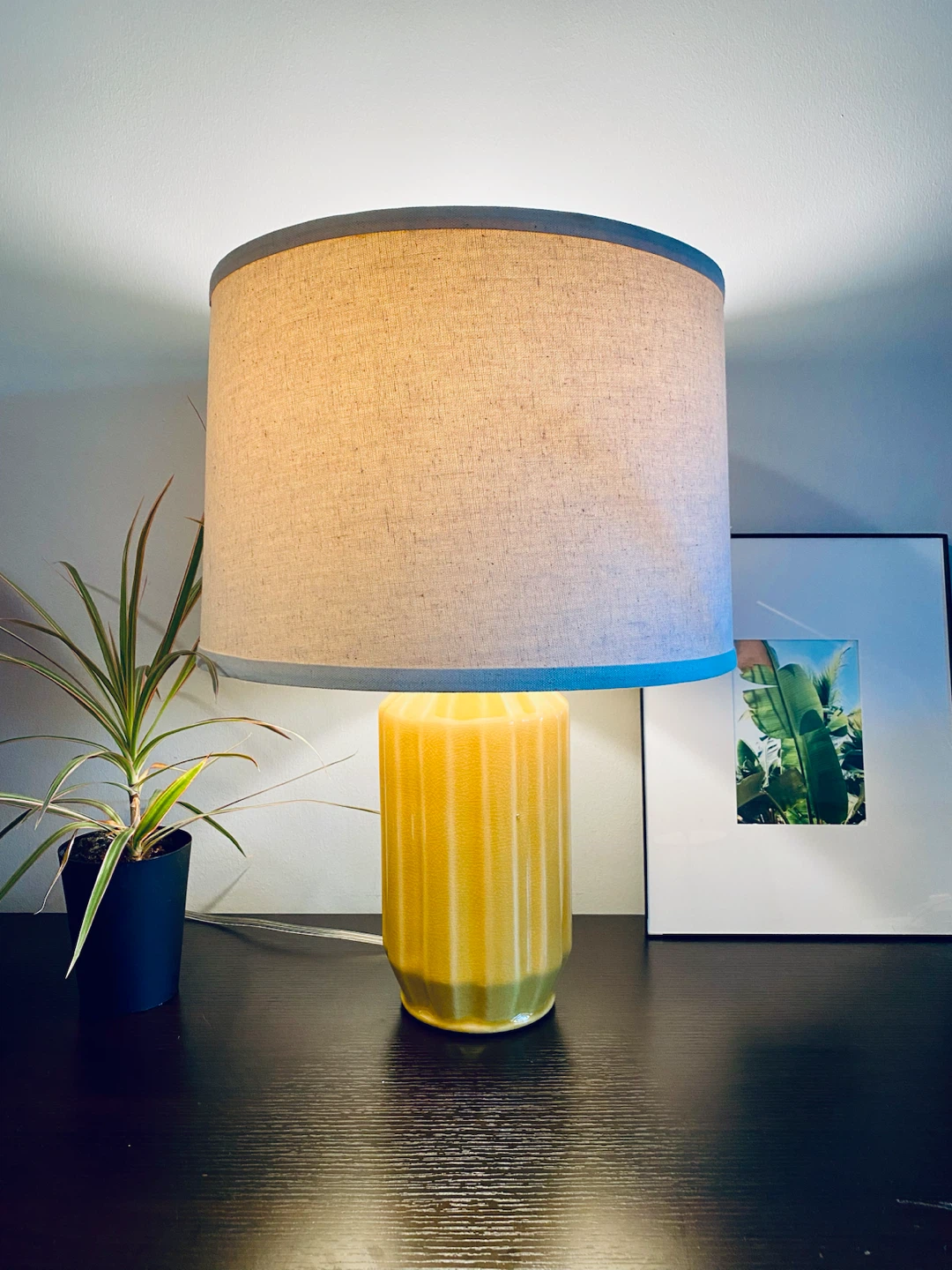 Yellow Ceramic Ribbed Table Lamp and Linen Shade