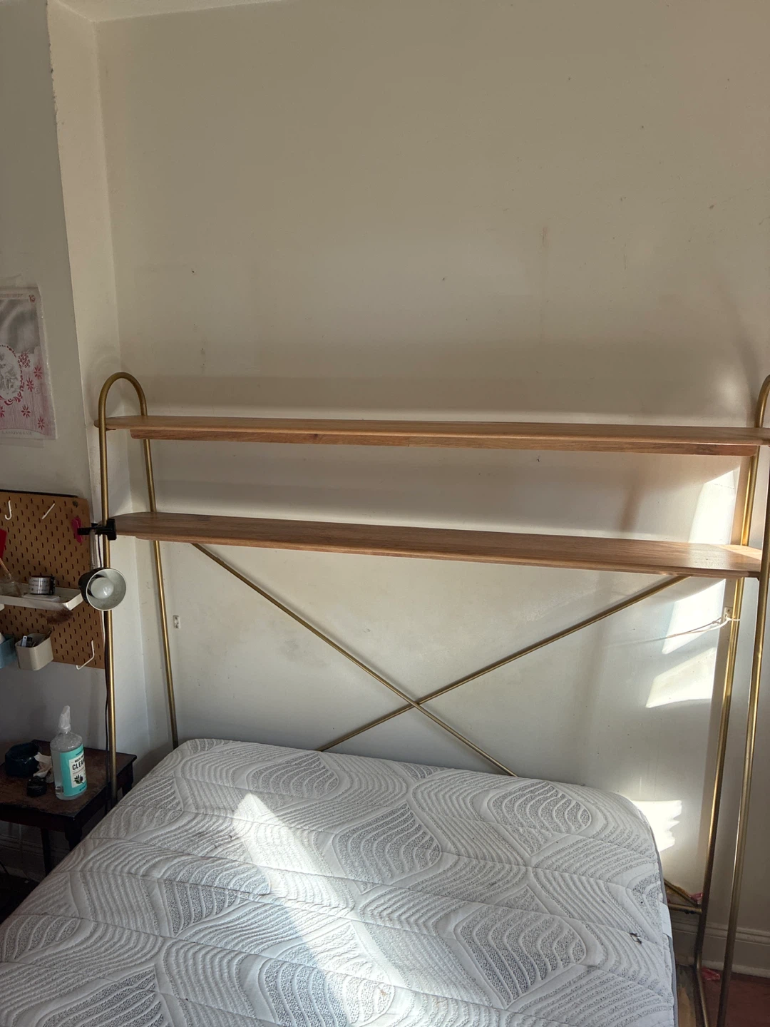 Gold and Wood Headboard with Shelves