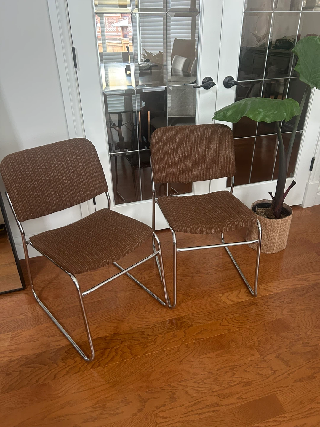 Set of Two Brown Fabric and Chrome Chairs