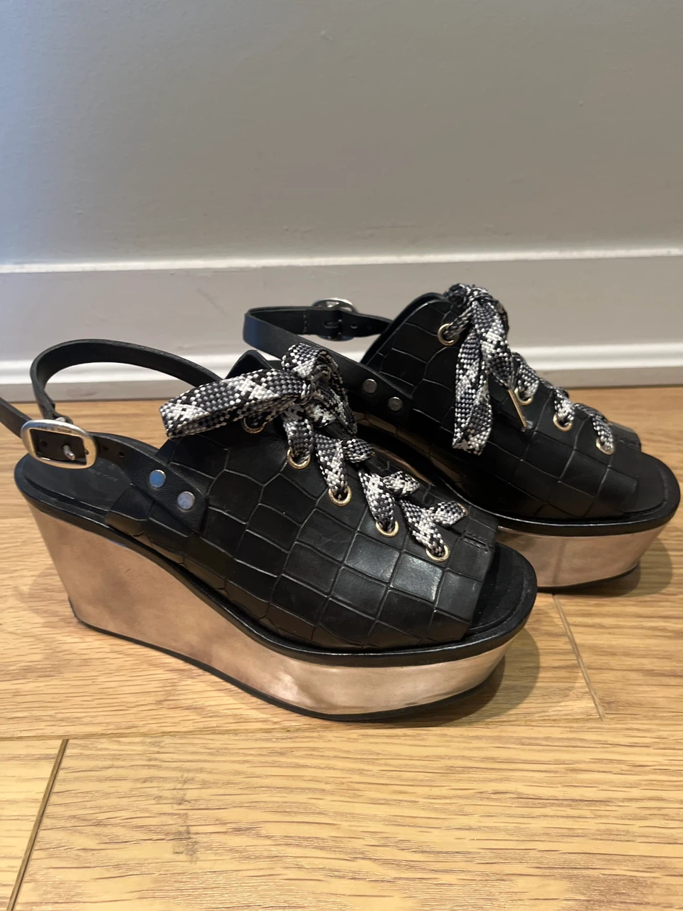 Rag & Bone Black Crocodile Embossed Platform Wedges