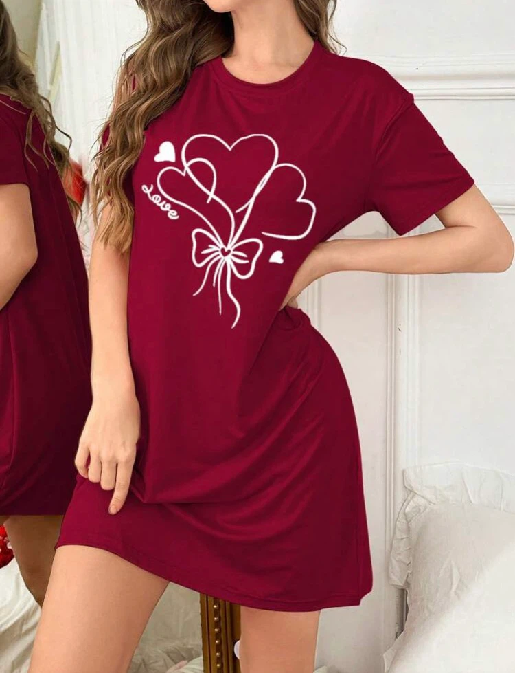Burgundy Love Heart Print T-Shirt Dress