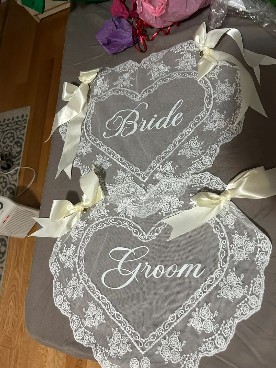 Bride and Groom Lace Chair Signs