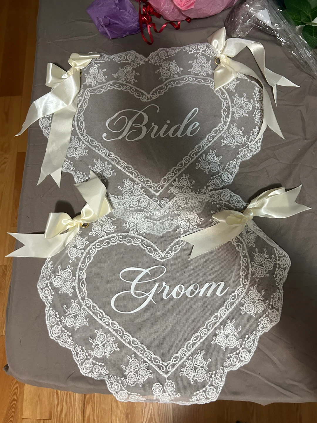 Bride and Groom Lace Chair Signs - photo 2
