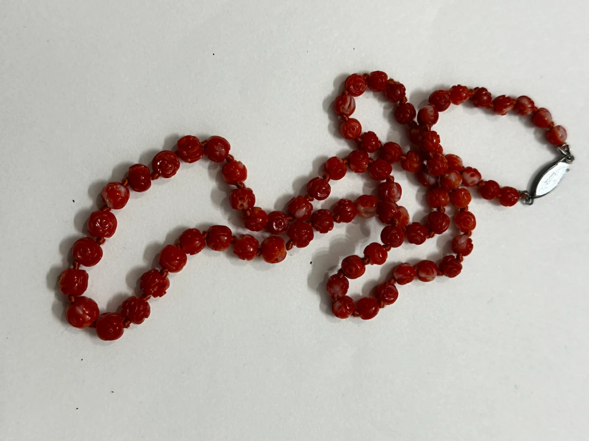 21" Chinese Export Carving Red Coral Rose Necklace