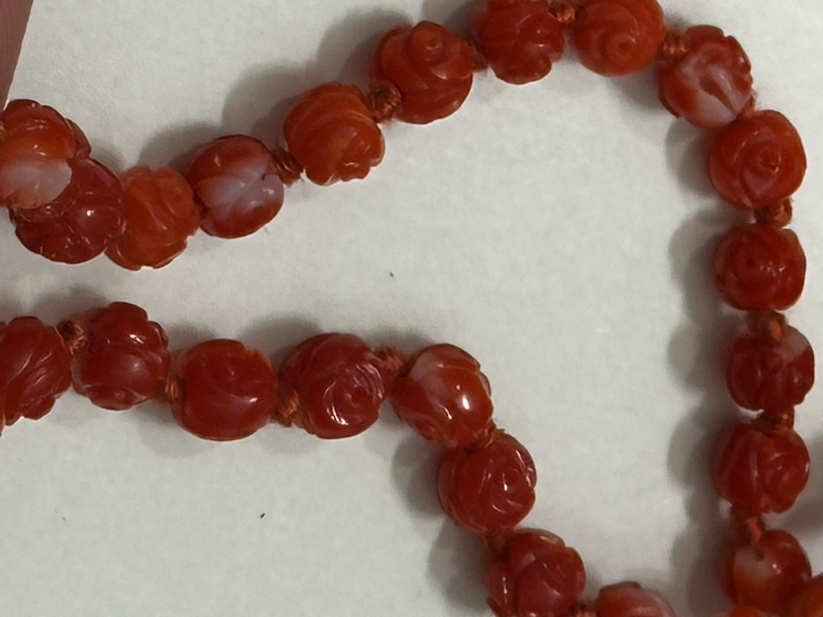 21" Chinese Export Carving Red Coral Rose Necklace - photo 2