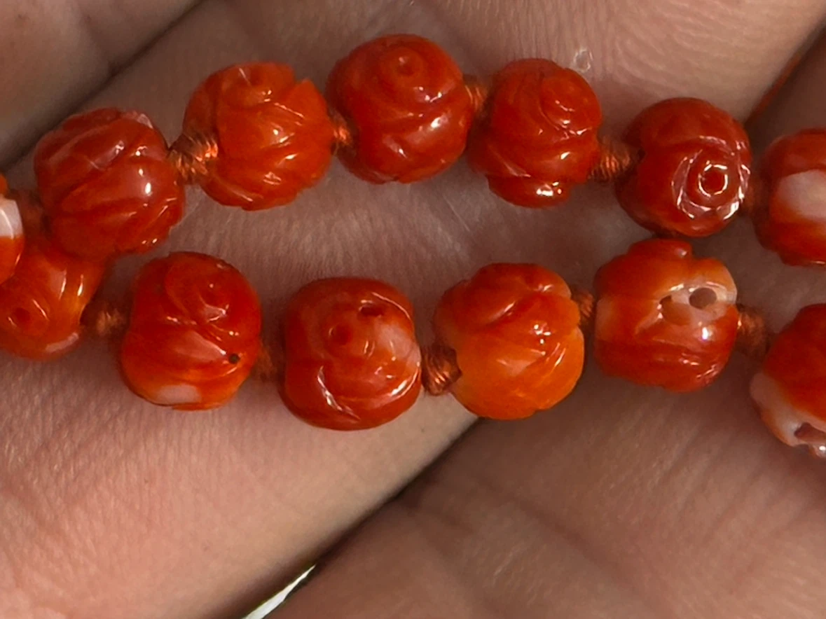 21" Chinese Export Carving Red Coral Rose Necklace - photo 4