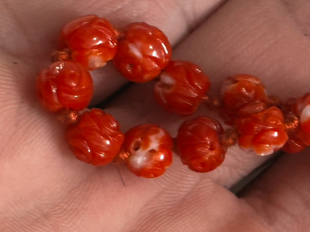 21" Chinese Export Carving Red Coral Rose Necklace - photo 5
