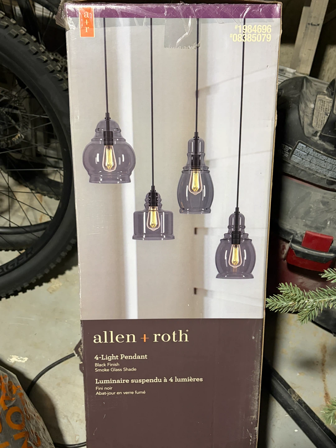 allen + roth 4-Light Pendant, Black with Smoke Glass