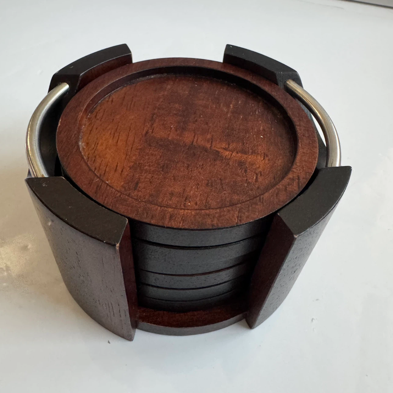 Vintage Brown Hardwood and Metal 6 Coaster Set Barware 3.75" Dia