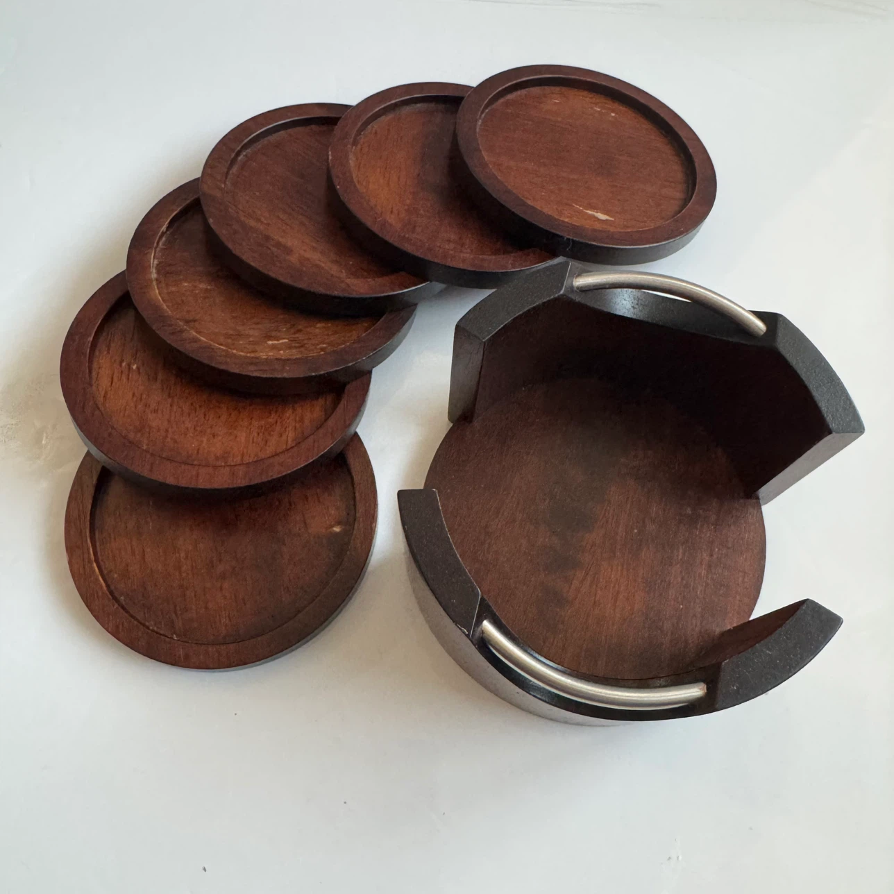 Vintage Brown Hardwood and Metal 6 Coaster Set Barware 3.75" Dia - photo 2