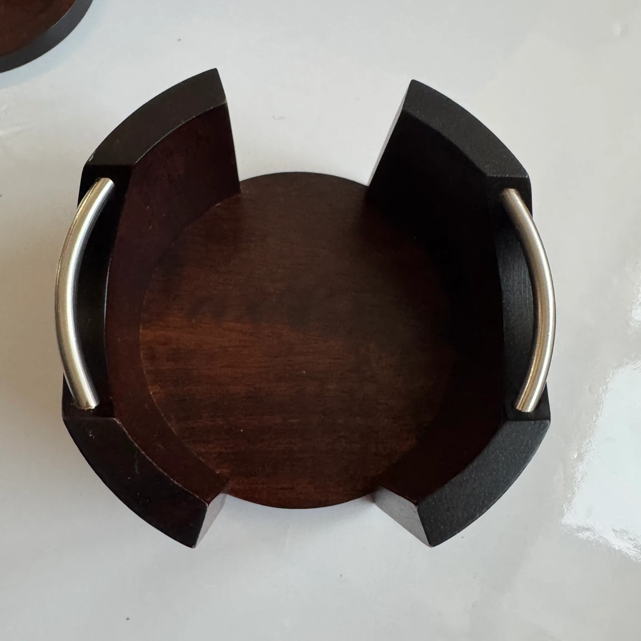 Vintage Brown Hardwood and Metal 6 Coaster Set Barware 3.75" Dia - photo 3